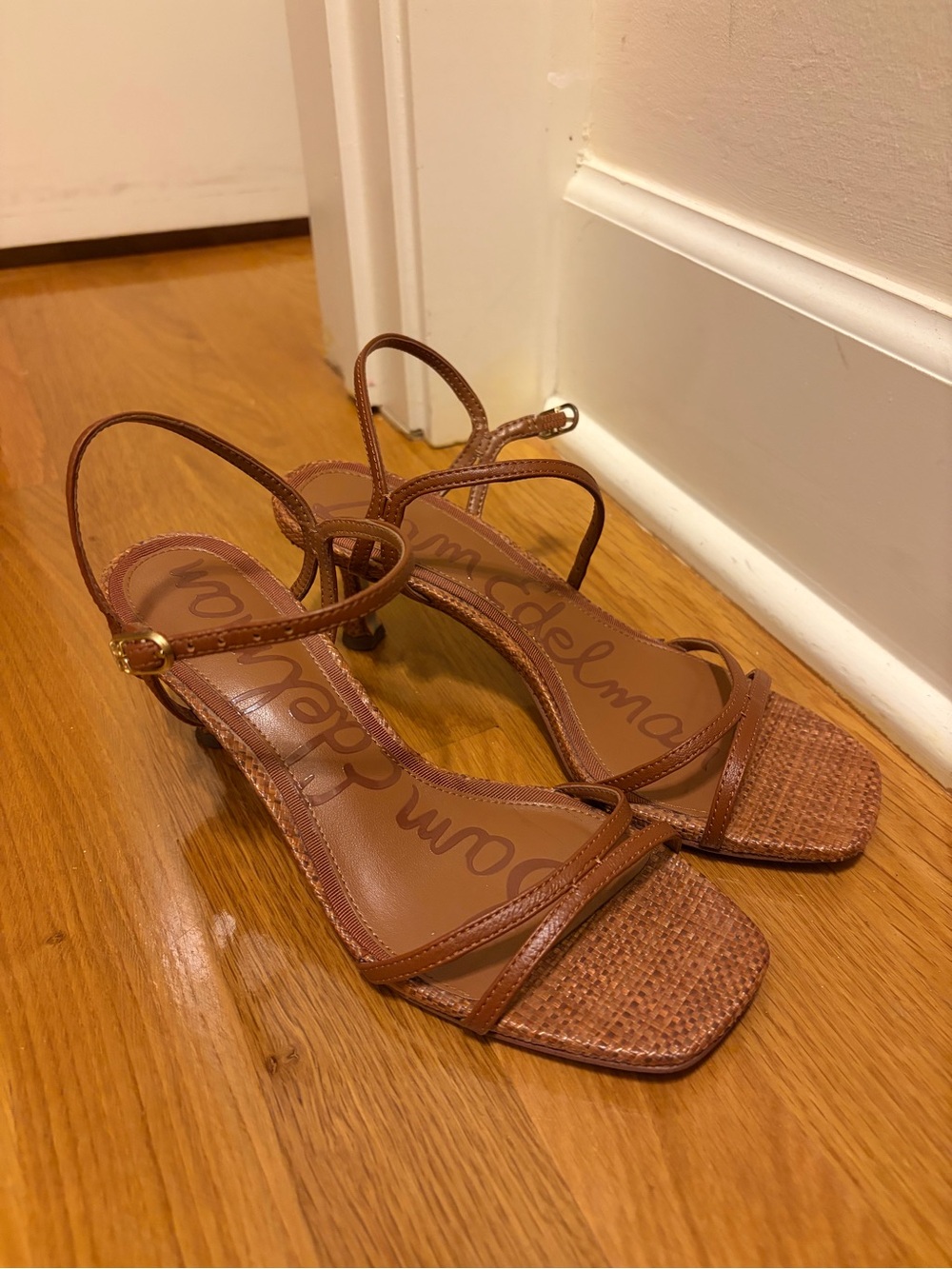 Sam Edelman Cognac Brown Strappy Woven Leather Heels - Picture 2 of 3